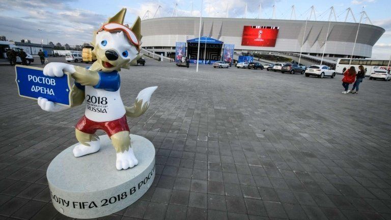 A photo taken on May 12, 2018 shows FIFA World Cup 2018 mascot Zabivaka, placed in front of Rostov Arena in the southern Russian city of Rostov-on-Don