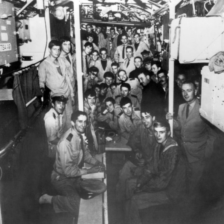 A file photo taken in the second half of the 1965 shows the crew of the "Minerve" French navy submarine.