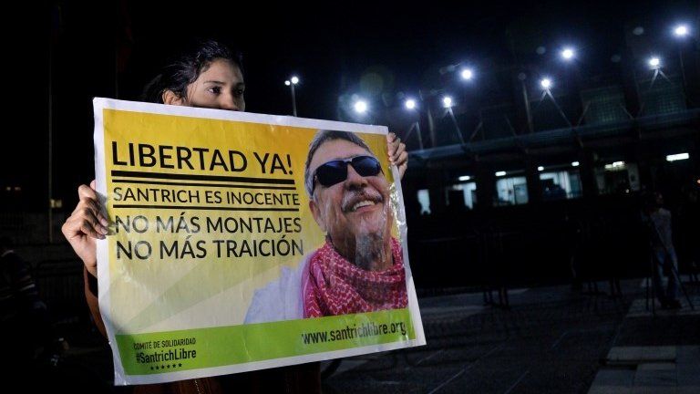 A supporter of Colombian Farc political party member Jesus Santrich demonstrates in front of the Attorney General"s office, on May 15, 2019 in Bogota, Colombia.