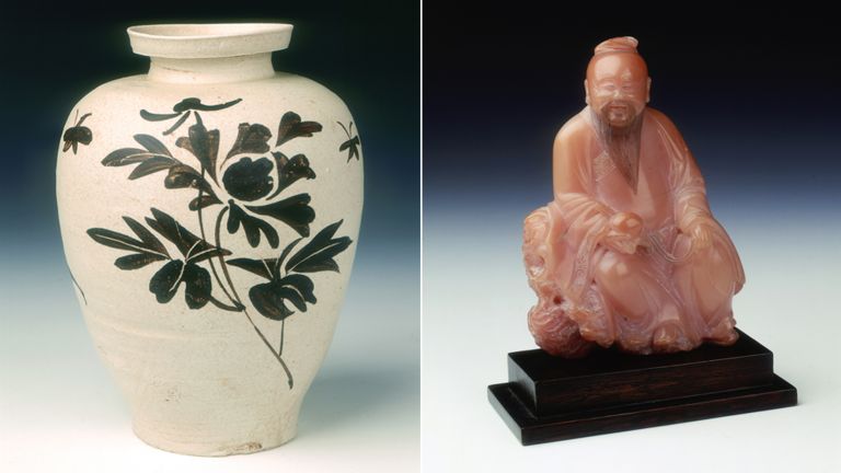 Jizhou stoneware vase and soapstone figure of Dongfang Shuo