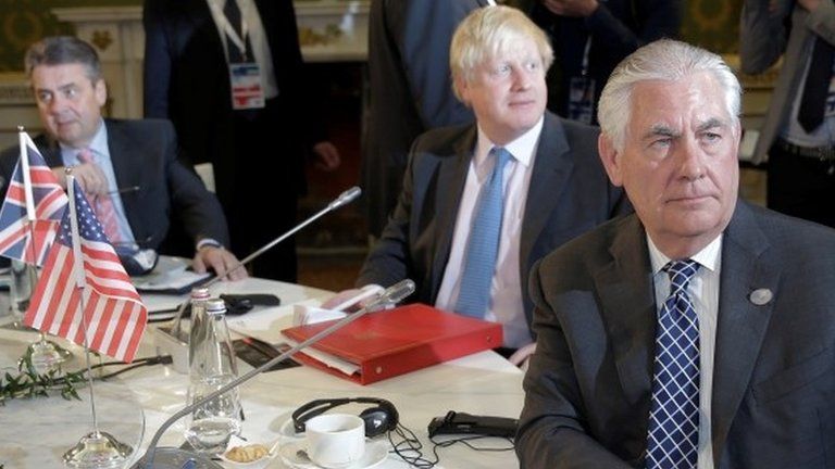 U.S. Secretary of State Rex Tillerson, Britain"s Foreign Secretary Boris Johnson, and German Foreign Minister Sigmar Gabrie
