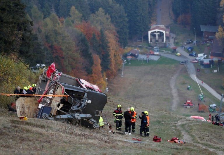 Police and firefighters work at the crashed cable car in the north of the Czech Republic. Photo: 31 October 2021