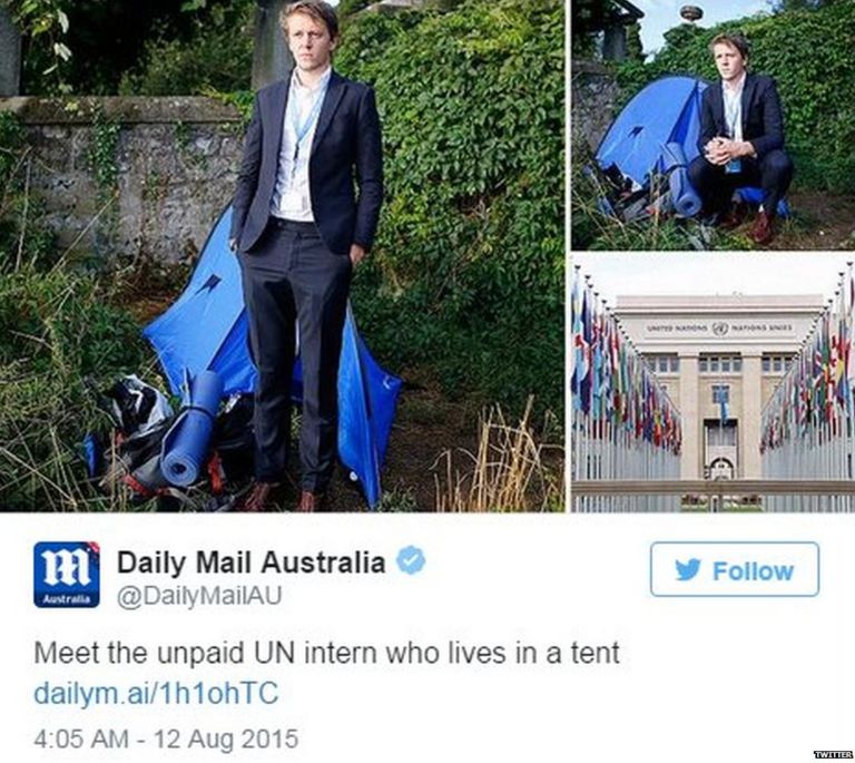 Daily Mail tweet about David Hyde, a UN intern living in a tent - August 11 2015