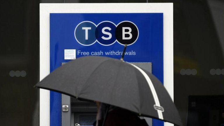 TSB sign and pedestrian with umbrella