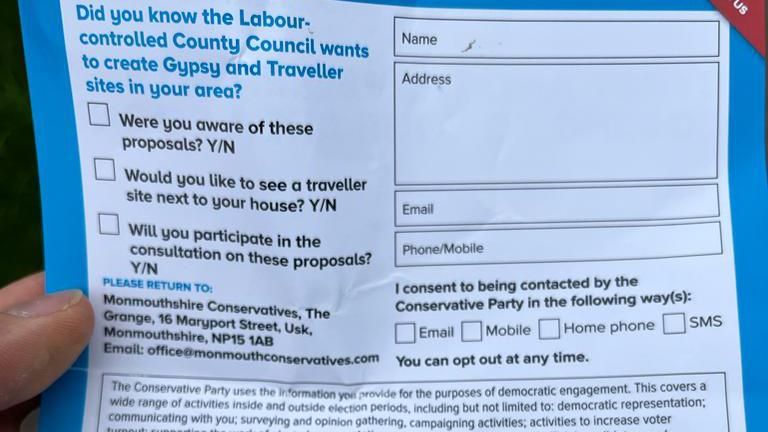 A leaflet from David TC Davies asking voters if they would like to see a traveller site next to their homes
