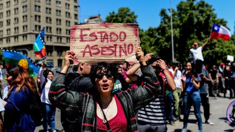 People demonstrate in front of the Presidential Palace, known as La Moneda, in Santiago, Chile on October 28, 2019