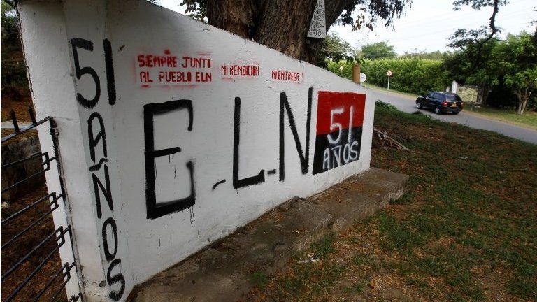 A graffiti of rebel group Army Liberation National (ELN) is seen at the entrance of the cemetery of El Palo, Cauca, Colombia, February 10, 2016