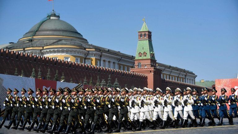 Russian servicemen march in the Victory Day Parade in Red Square in Moscow, Russia, June 24, 2020