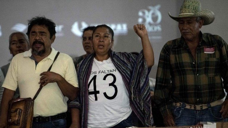 Relatives of some of the 43 missing students of Ayotzinapa attend a news conference after meeting with Mexican President Andres Manuel Lopez Obrador, in Mexico City on September 11, 2019.