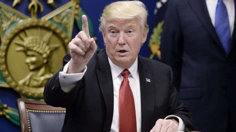 Donald Trump during the signing of executive orders, 27 January 2017