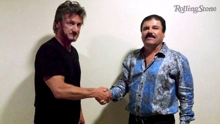 Actor Sean Penn shakes hands with Mexican drug lord Joaquin "El Chapo" Guzman in Mexico, in an undated Rolling Stone handout photo