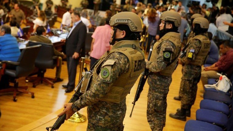 Military at the Legislative Palace this Sunday, after the intervention of President Nayib Bukele, in San Salvador, El Salvador, 09 February 2020.