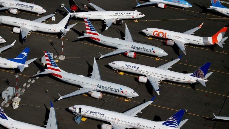 Grounded Boeing 737 MAX aircraft are seen parked in an aerial photo at Boeing Field in Seattle, Washington, U.S. July 1, 2019.