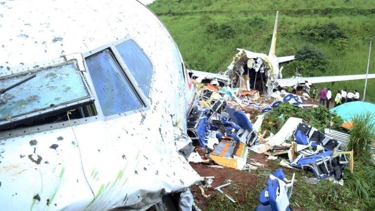 The wreckage of an Air India Express plane in Kerala
