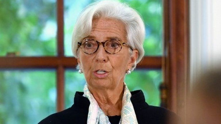 Christine Lagarde Speaking at a news conference at the Treasury in London