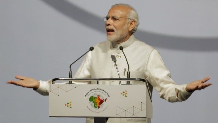 Indian Prime Minister Narendra Modi makes the opening speech during the India Africa Forum Summit at the Indira Gandhi sports complex in New Delhi, India, Thursday, Oct. 29, 2015.