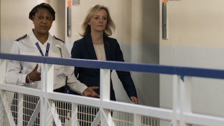 Justice Secretary Liz Truss (right) speaks with custodial manager Wendy-Fisher Mcfarlane