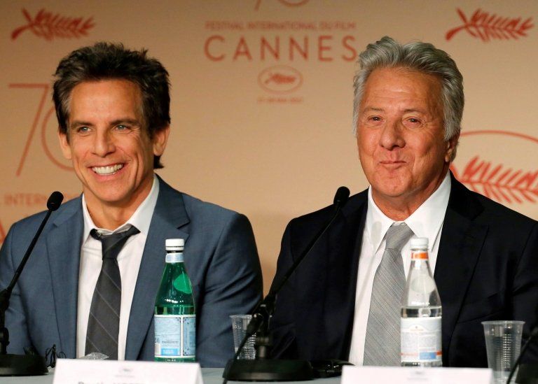 Ben Stiller and Dustin Hoffman smile at a Cannes press conference for the film "The Meyerowitz Stories".