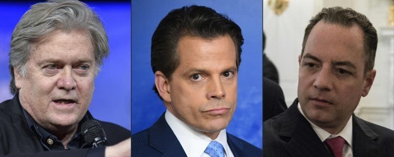 White House adviser Steve Bannon, Anthony Scaramucci and ex-White House chief of staff Reince Priebus