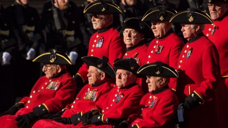 Chelsea pensioners take part in the parade during the annual ceremony at the Cenotaph memorial on Whitehall