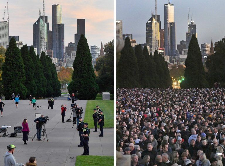 Two photos comparing the crowds in 2019 to the almost empty Shrine of Remembrance in Melbourne