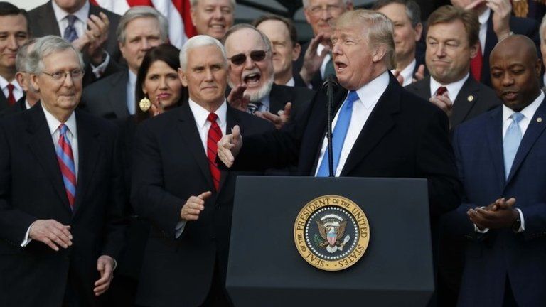 US President Donald Trump celebrates with Republican leaders at the White House. Photo: 20 December 2017