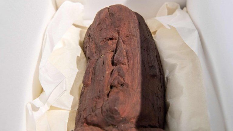 An Olmec find in a protective box is seen during a press conference of the Archaeological State Collection in Munich, southern Germany on march 20, 2018.