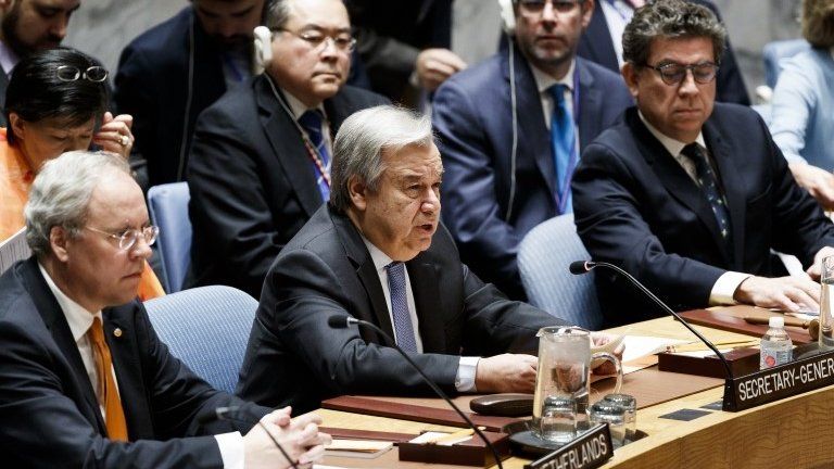 UN Secretary General Antonio Guterres presides over a Security Council meeting on Syria, 13 April 2018