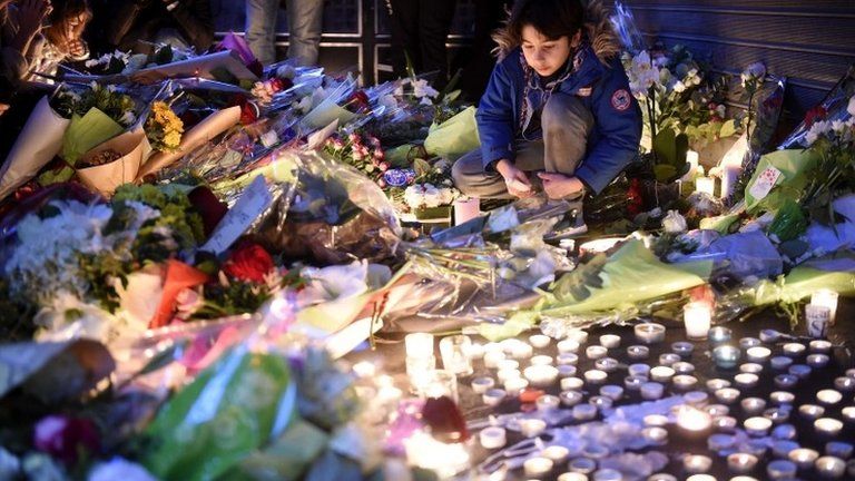 Floral tributes to victims of the Paris attacks outside the Belle Equipe restaurant, 14 November 2015