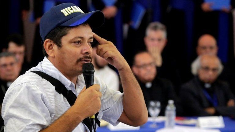 Farm leader Medardo Mairena speaks during the first round of dialogue in Managua, Nicaragua May 16, 2018