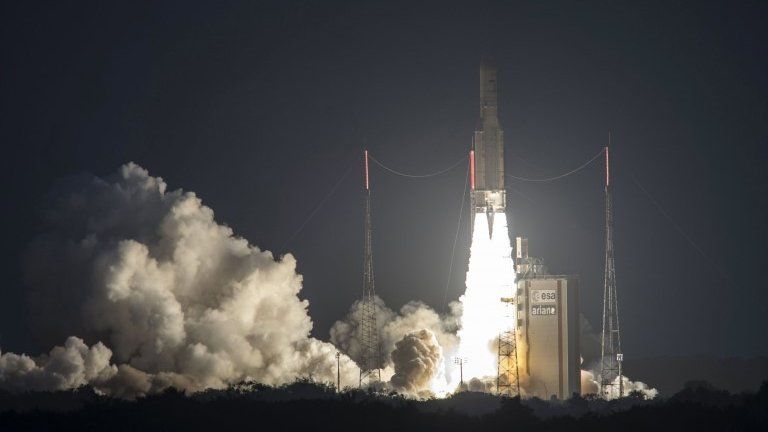 A handout photo released on 14 February 2017 shows the liftoff of flight VA235, Ariane 5 ECA, from Europe's Spaceport in Kourou, French Guiana, France, 14 February 2017