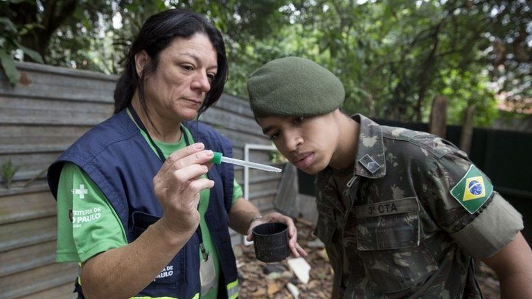 A health agent from Sao Paulo"s Public health secretary shows an army soldier an Aedes aegypti mosquito larvae that she found during clean up operation against the insect, which is a vector for transmitting the Zika virus, in Sao Paulo, Brazil, Wednesday, Jan. 20, 2016.