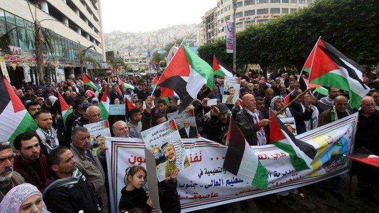 Palestinians in the West Bank protest against Donald Trump's decision to recognise Jerusalem as Israel's capital, 31 December 2017