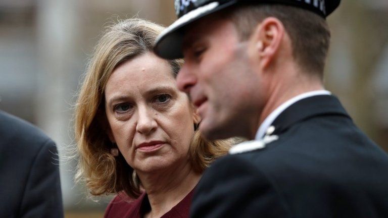 Home Secretary Amber Rudd, accompanied by Temporary Chief Constable Kier Pritchard