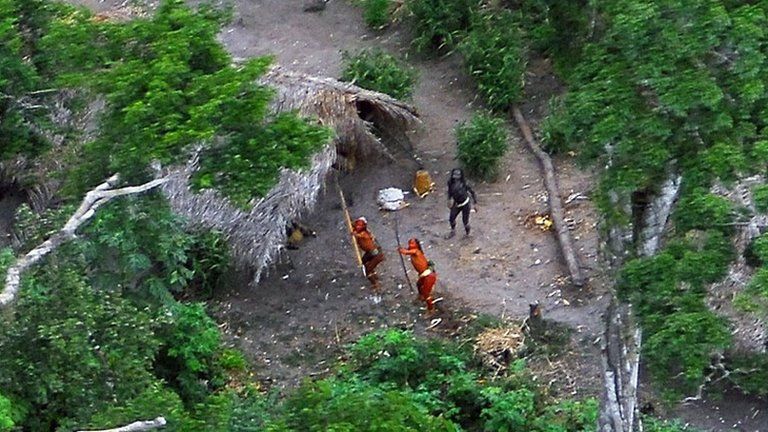 Two members of an uncontacted tribe on the Brazilian-Peruvian border, 29 May 2008