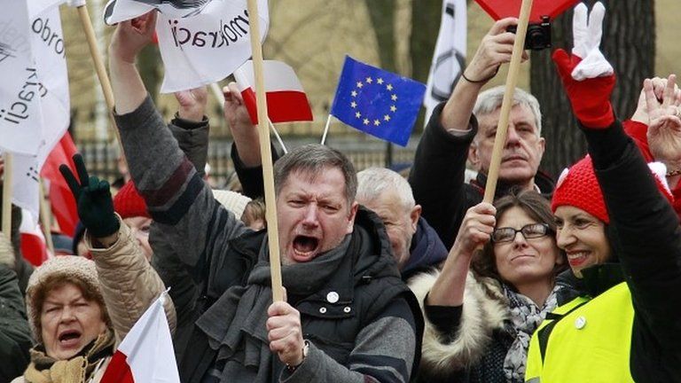 Protesters celebrate outside the Constitutional Court in Warsaw after the judges' ruling 09/03/2016