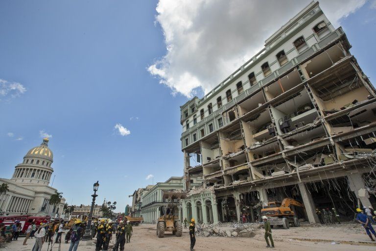 Rescue work continues at the destroyed Saratoga hotel, in Havana, Cuba, 08 May 2022. The health authorities raised the number of deaths to 30 in the explosion caused by a gas leak