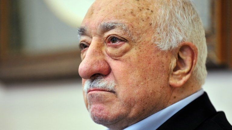 Islamic cleric Fethullah Gulen speaks to journalists on Sunday at his Pennsylvania compound