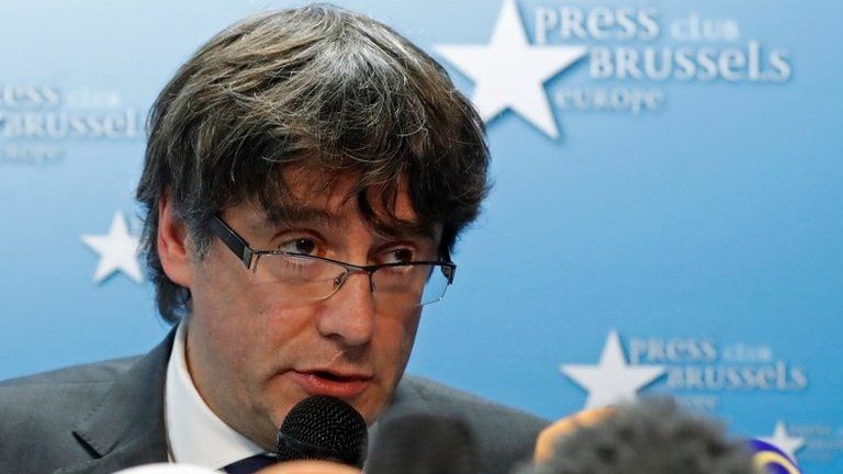 Sacked Catalan leader Carles Puigdemont at a news conference in Brussels. Photo: 31 October 2017