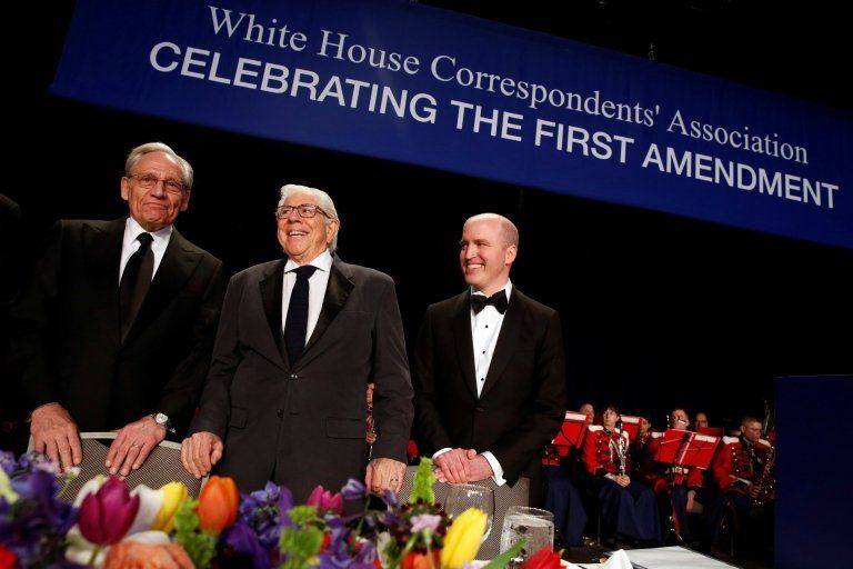 Ex Washington Post reporters Bob Woodward and Carl Bernstein with White House Correspondents' Association President Jeff Mason