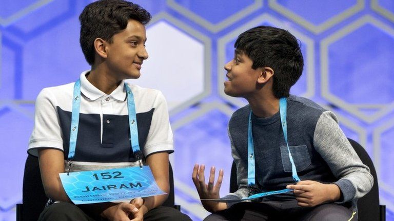 Nihar Janga, 11, of Austin, Texas, right, talks with Jairam Hathwar, 13, of Painted Post, N.Y., left, after another round where the two went head to head in a drawn out battle that ended in them being named co-champions in the 2016 National Spelling Bee, in National Harbor, Md., on Thursday, May 26, 2016.