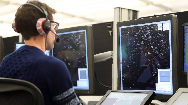 An air traffic controller looking after aircraft flying over England and Wales at NATS in Swanwick,