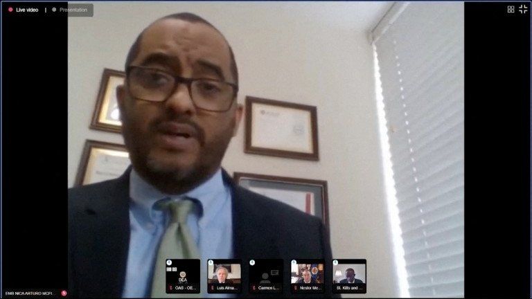 Arturo McFields, Nicaragua"s Ambassador to the Organization Of American States, speaks in a video address from an unidentified location, March 23, 2022