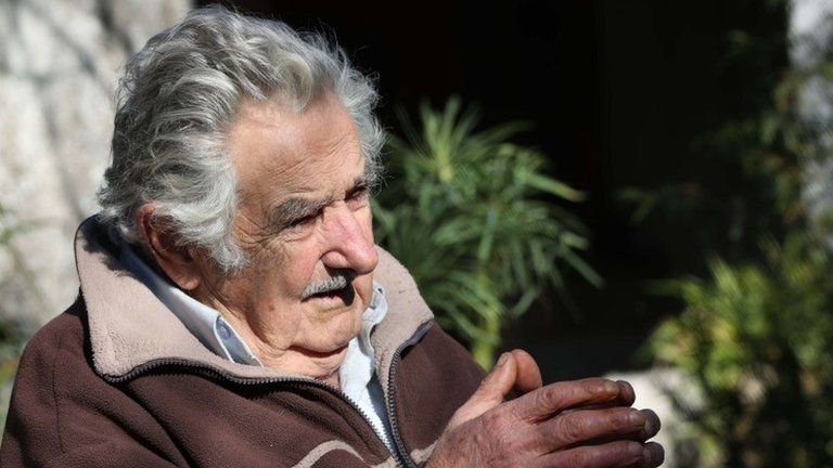 Former Uruguayan President Jose Mujica speaks with Barcelona"s Deputy Mayor, Argentinian Gerardo Pisarello (not pictured), in Montevideo, Uruguay, 06 August 2018