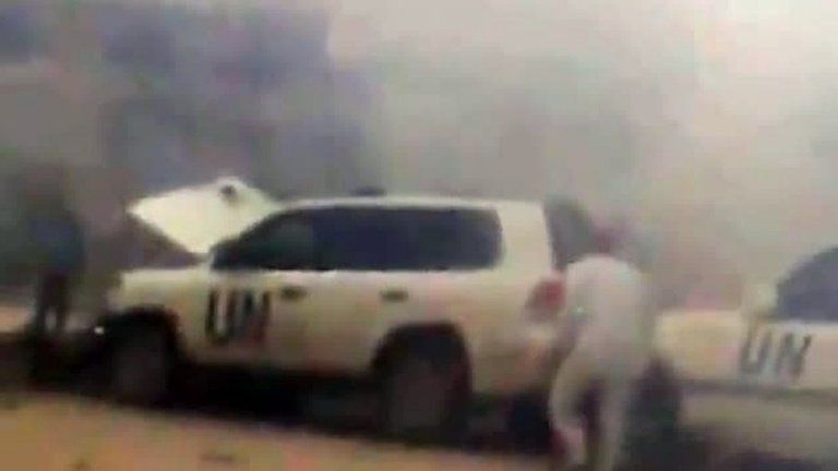 Still from video purported to show damaged UN vehicles after blast in Khan Sheikhoun (15/05/12)
