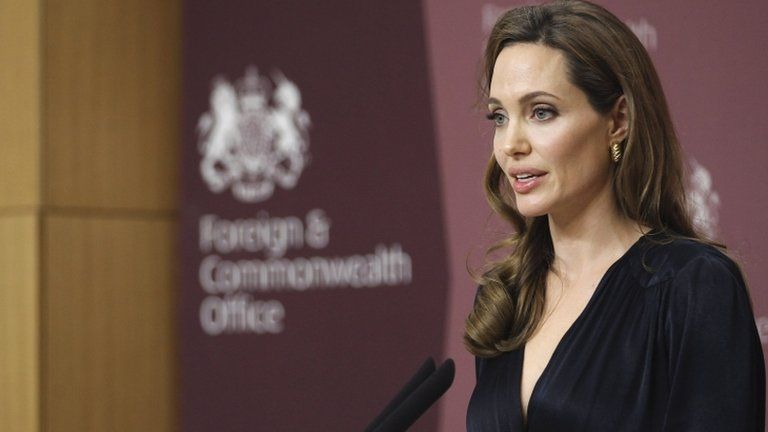 Acress Angelina Jolie speaking at the launch of a scheme to tackle sexual violence, at the UK Foreign Office