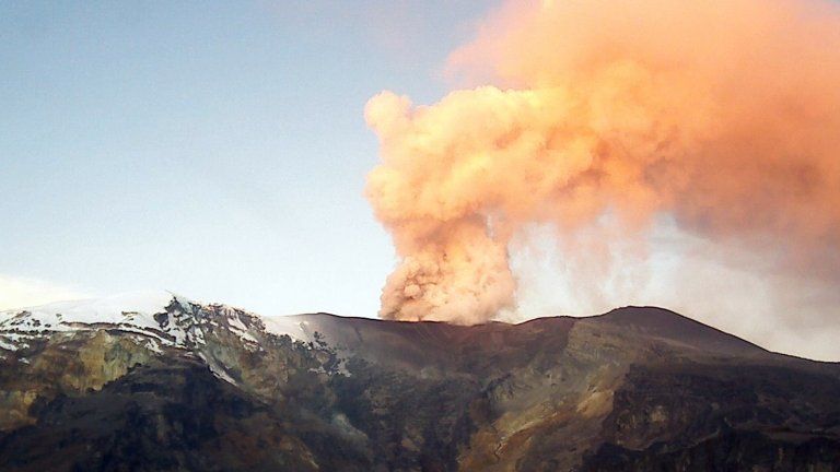 Ash and gas rises from the Nevado del Ruiz volcano in central Colombia