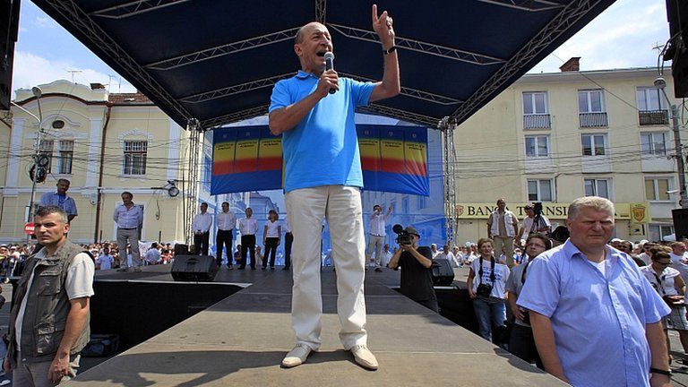 Romania's suspended President Basescu with supporters in Cluj-Napoca, 14 Jul 12