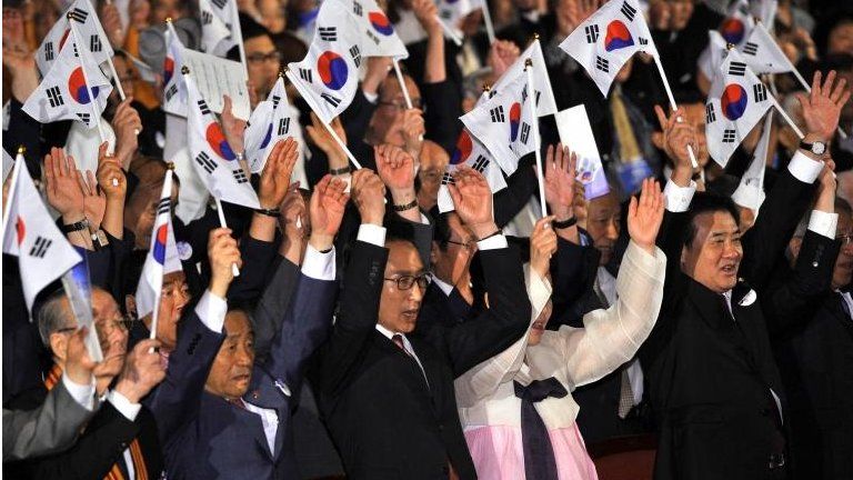 South Korean President Lee Myung-bak during a ceremony marking the anniversary of the end of Japan's colonial rule over Korea from 1910-45, in Seoul, South Korea, on 15 August, 2012