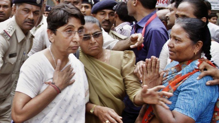 Maya Kodnani, left, at a special court in Ahmedabad on 31 AUgust, 2012